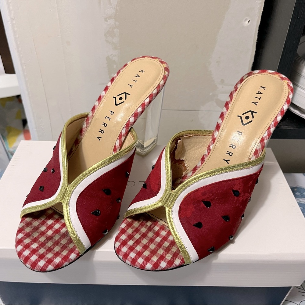 Katy Perry The Picolo Microsuede Ice Cube Block Heels Watermelon Seed Shoes 7M
